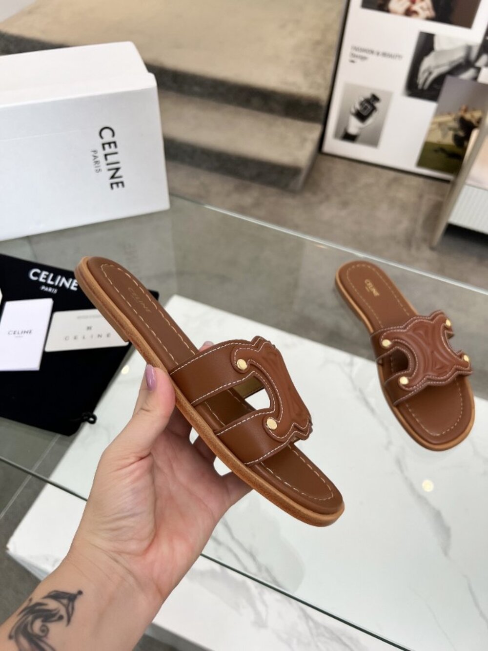 Celine Tan Leather Triomphe Flat Slide Sandals - Picture 6 of 6